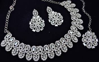 White rhodium premium designer american diamond and stone work necklace set 3