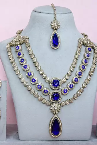 Blue yellow gold premium designer american diamond and stone work necklace set