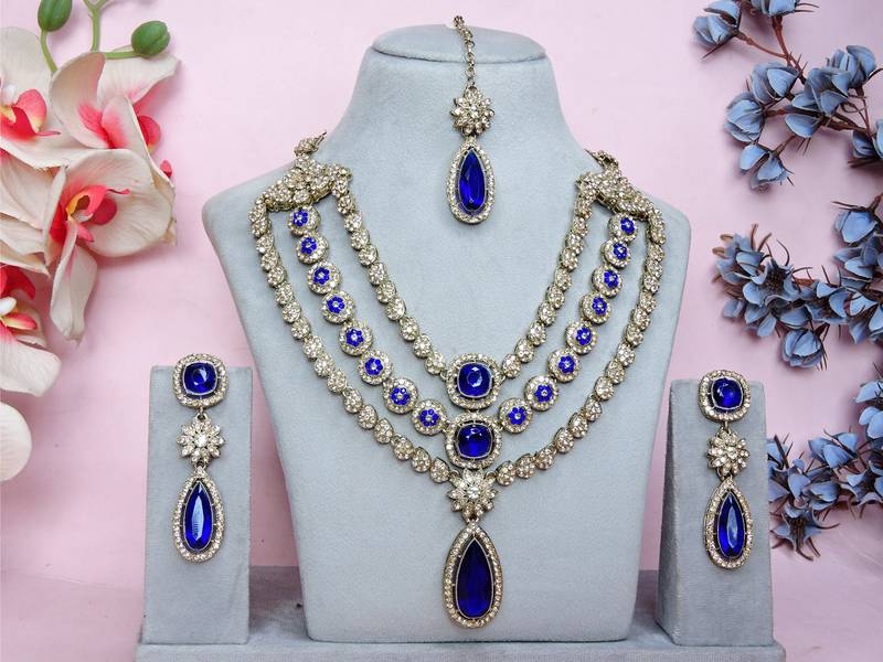 Blue yellow gold premium designer american diamond and stone work necklace set