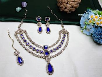 Blue yellow gold premium designer american diamond and stone work necklace set 2