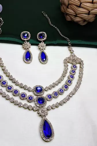 Blue yellow gold premium designer american diamond and stone work necklace set
