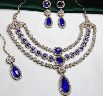 Blue yellow gold premium designer american diamond and stone work necklace set 3