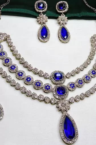 Blue yellow gold premium designer american diamond and stone work necklace set