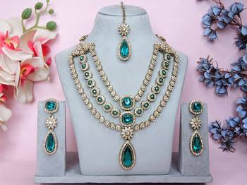 Green yellow gold premium designer american diamond and stone work necklace set 1