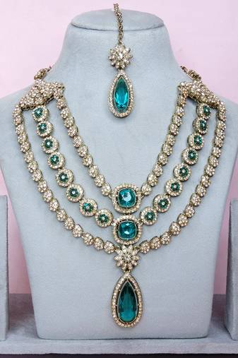 Green yellow gold premium designer american diamond and stone work necklace set