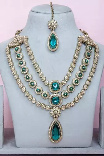 Green yellow gold premium designer american diamond and stone work necklace set