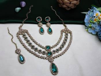 Green yellow gold premium designer american diamond and stone work necklace set 2