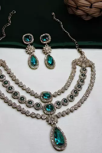 Green yellow gold premium designer american diamond and stone work necklace set