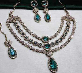 Green yellow gold premium designer american diamond and stone work necklace set 3