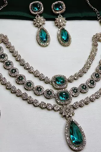 Green yellow gold premium designer american diamond and stone work necklace set