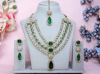 Green yellow gold premium designer american diamond and stone work necklace set 1