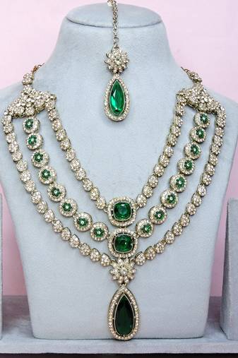 Green yellow gold premium designer american diamond and stone work necklace set