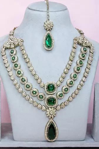 Green yellow gold premium designer american diamond and stone work necklace set