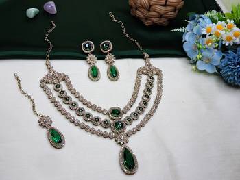 Green yellow gold premium designer american diamond and stone work necklace set 2