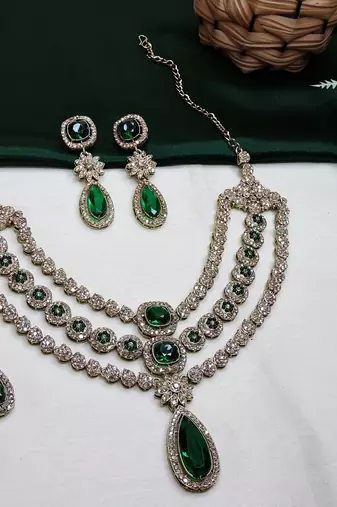 Green yellow gold premium designer american diamond and stone work necklace set