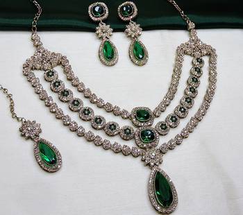 Green yellow gold premium designer american diamond and stone work necklace set 3
