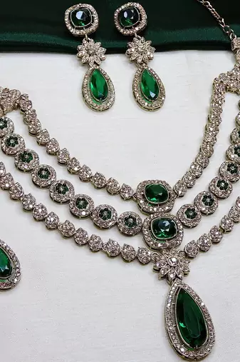 Green yellow gold premium designer american diamond and stone work necklace set