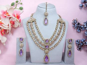 Purple yellow gold premium designer american diamond and stone work necklace set 1