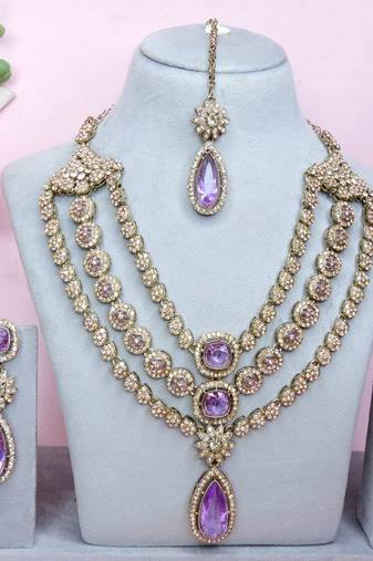 Purple yellow gold premium designer american diamond and stone work necklace set