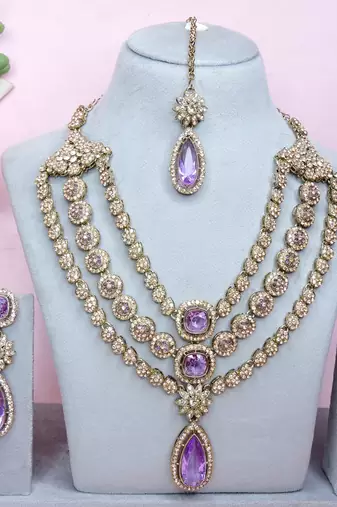 Purple yellow gold premium designer american diamond and stone work necklace set