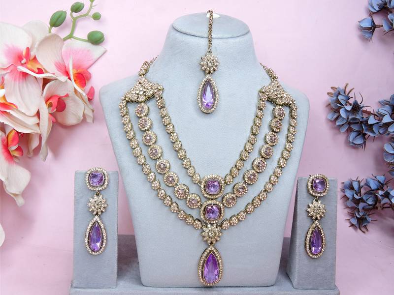Purple yellow gold premium designer american diamond and stone work necklace set