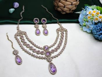 Purple yellow gold premium designer american diamond and stone work necklace set 2