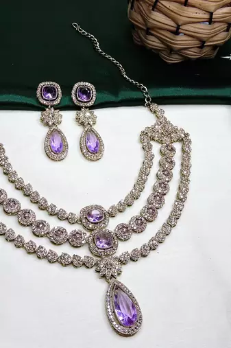 Purple yellow gold premium designer american diamond and stone work necklace set