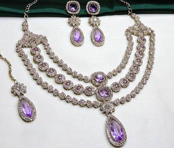 Purple yellow gold premium designer american diamond and stone work necklace set 3
