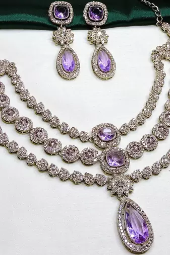 Purple yellow gold premium designer american diamond and stone work necklace set