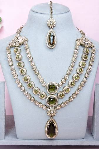 Green yellow gold premium designer american diamond and stone work necklace set