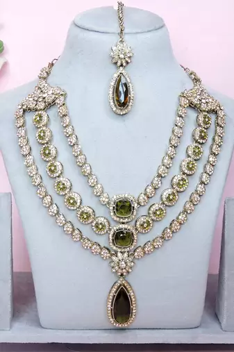 Green yellow gold premium designer american diamond and stone work necklace set