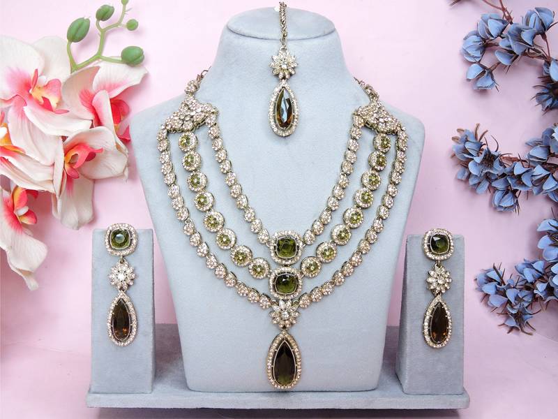 Green yellow gold premium designer american diamond and stone work necklace set
