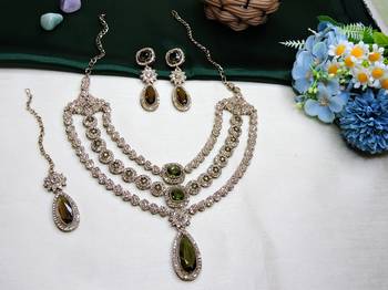 Green yellow gold premium designer american diamond and stone work necklace set 2