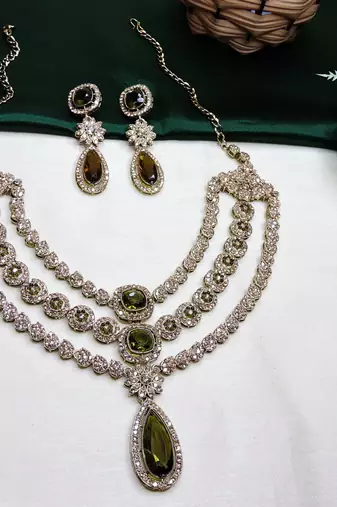 Green yellow gold premium designer american diamond and stone work necklace set