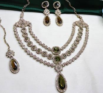Green yellow gold premium designer american diamond and stone work necklace set 3