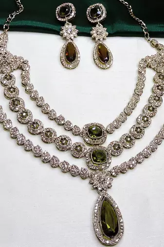 Green yellow gold premium designer american diamond and stone work necklace set