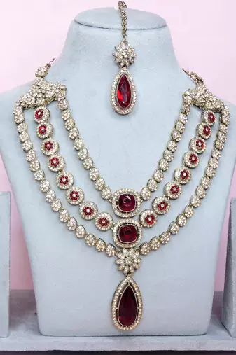 Maroon yellow gold premium designer american diamond and stone work necklace set