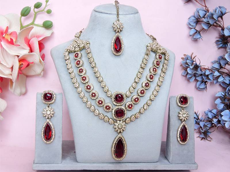 Maroon yellow gold premium designer american diamond and stone work necklace set