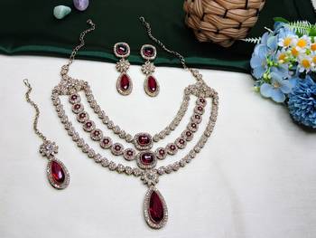 Maroon yellow gold premium designer american diamond and stone work necklace set 2