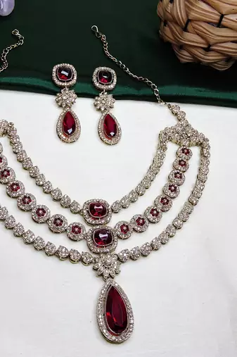 Maroon yellow gold premium designer american diamond and stone work necklace set
