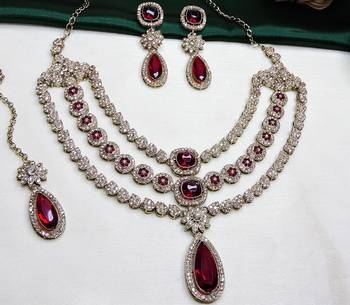 Maroon yellow gold premium designer american diamond and stone work necklace set 3