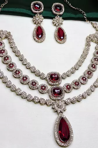 Maroon yellow gold premium designer american diamond and stone work necklace set