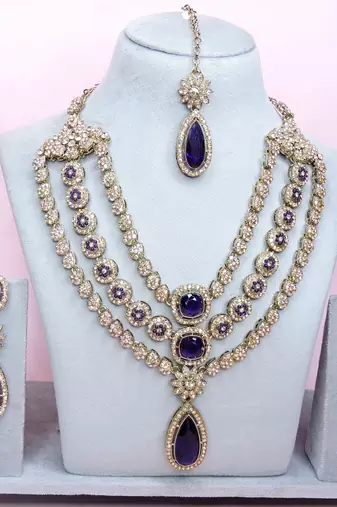 Blue yellow gold premium designer american diamond and stone work necklace set