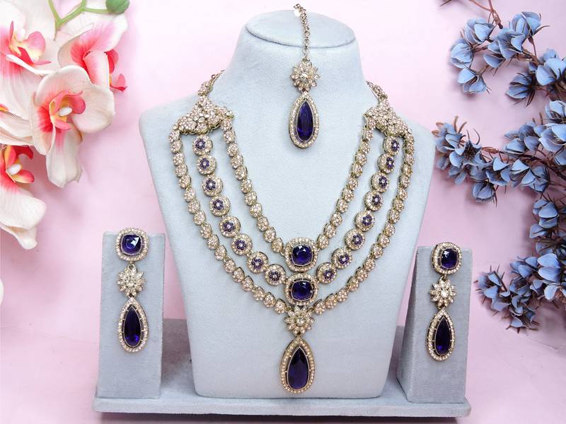Blue yellow gold premium designer american diamond and stone work necklace set