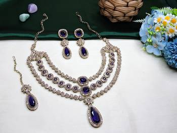 Blue yellow gold premium designer american diamond and stone work necklace set 2