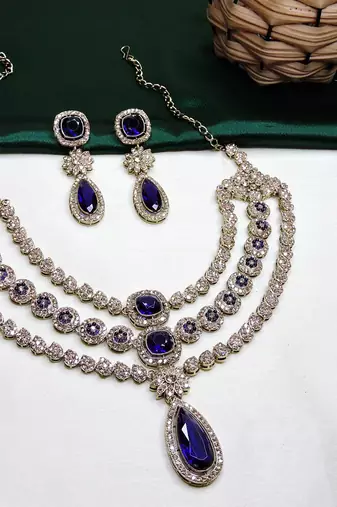 Blue yellow gold premium designer american diamond and stone work necklace set