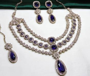 Blue yellow gold premium designer american diamond and stone work necklace set 3