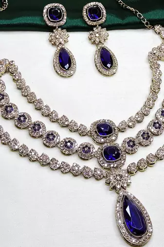 Blue yellow gold premium designer american diamond and stone work necklace set