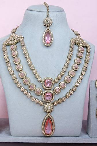 Pink yellow gold premium designer american diamond and stone work necklace set