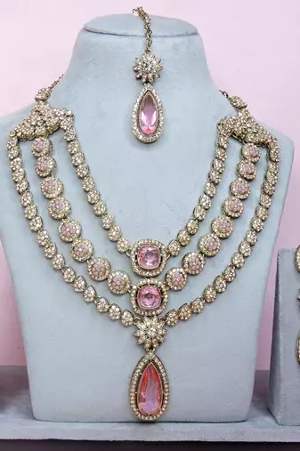 Pink yellow gold premium designer american diamond and stone work necklace set